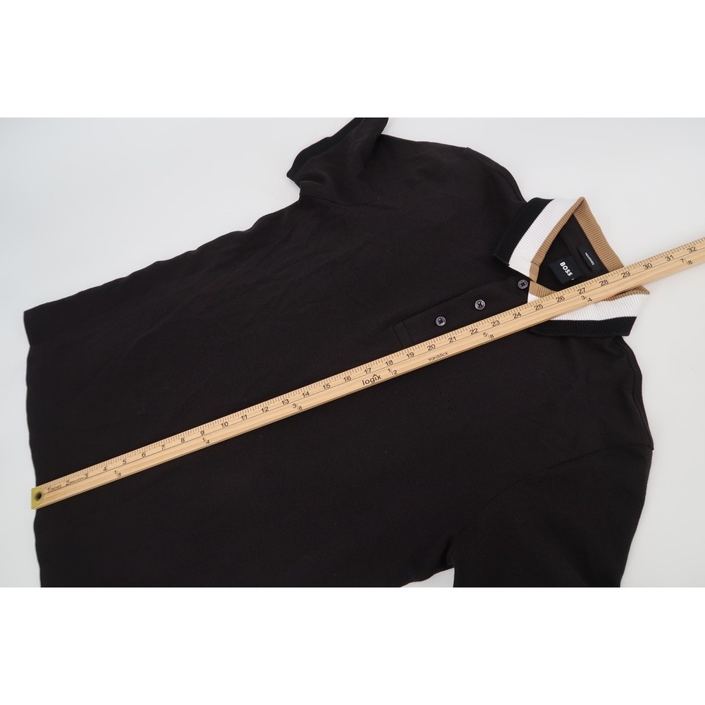 Hugo Boss Prout Polo Shirt Mens Medium Black Tan Striped Pique Contrast Collar - Picture 12 of 13